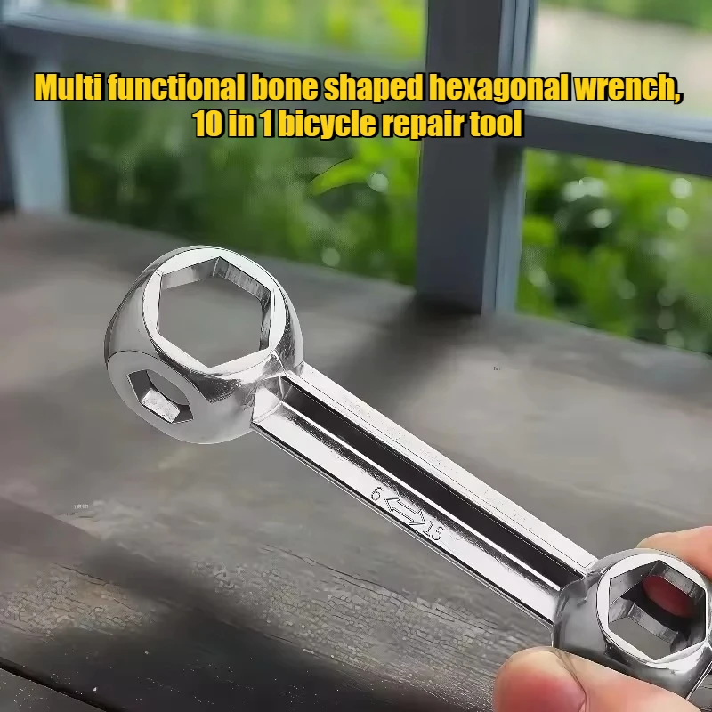 Multi functional bone shaped hexagonal wrench, 10 in 1 bicycle repair tool, portable socket metal mechanical tool