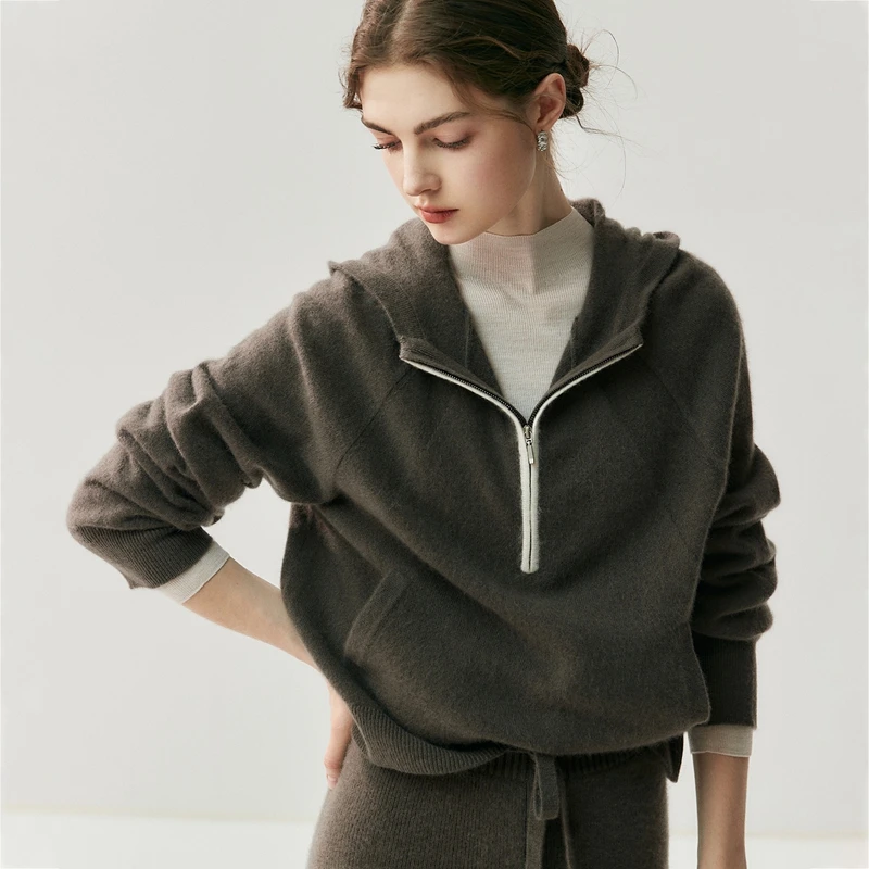 

New Style Women 100% Cashmere Sweater Autumn Winter Thick Warm Hooded Pullover Tops Casual Cashmere Sweater Knitted Blouse