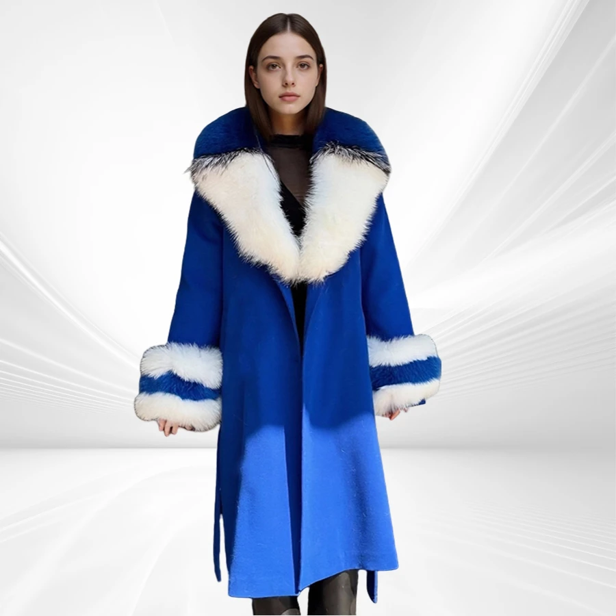 جديد معطف من قماش الكشمير مع حقيقية الثعلب الفراء طوق الأصفاد المرأة جواكت شتوية ريال فوكس الفراء معاطف فاخرة الصوف يمزج معاطف