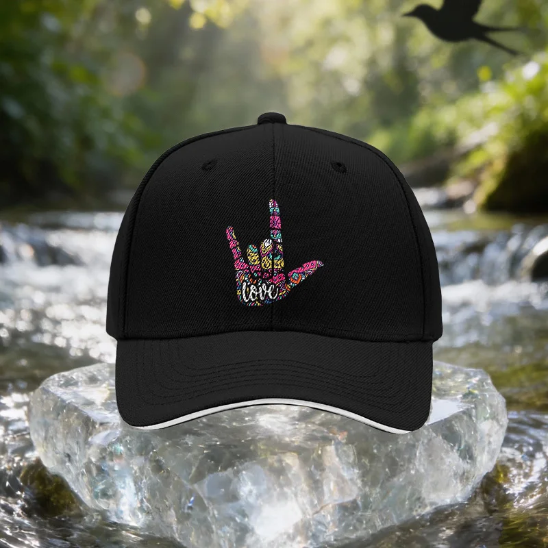 Hand-Painted Gesture Love Pattern Sandwich Cap, Unisex Easy Lightweight Adjustable Outdoor Sun Hat, Ideal Gift for Travel, Parti