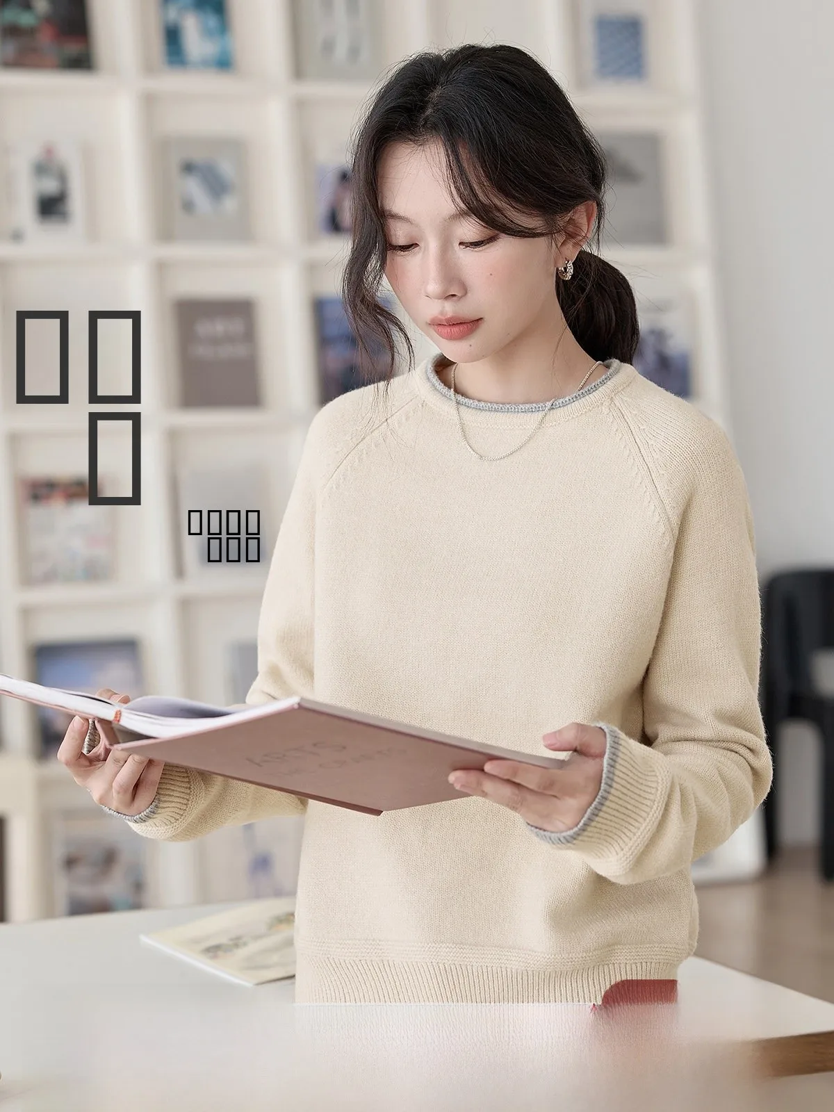 

Khaki Knitted Sweater Women's Overhead Splicing Design Winter New Sle Commute Sle Long Sve round Ne Regular Fit