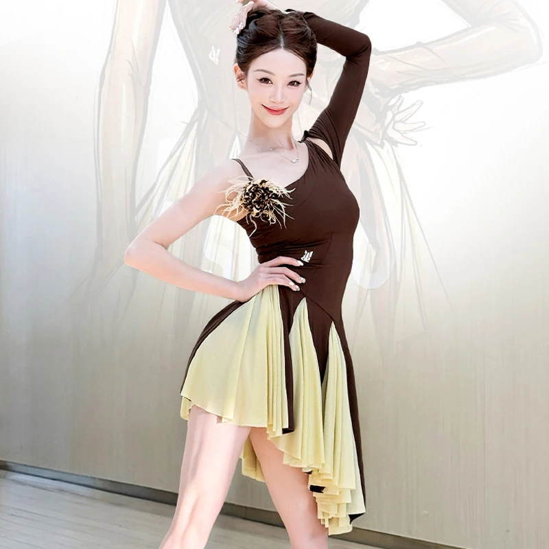 

Сексуальное платье для латинских танцев с одним рукавом, женский профессиональный костюм для чачи, одежда для соревнований по латинским танцам для взрослых SL15556