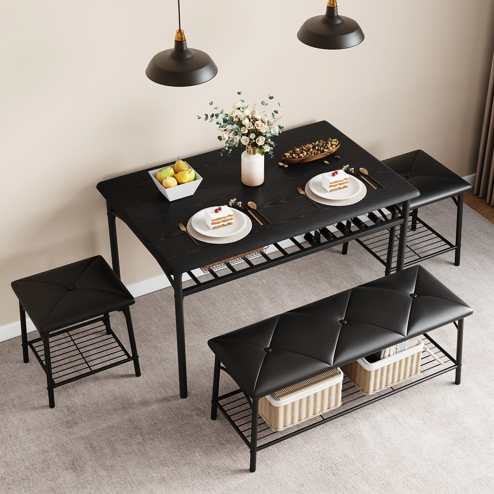 Dining Room Table Set for 4, Metal Frame Kitchen Table Set with Upholstered Bench and 2 Square Stools, 4 Piece Dinette Set