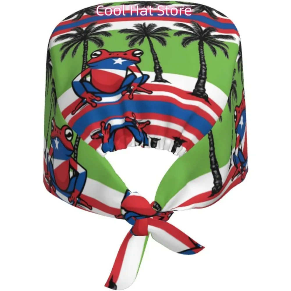 Cleaning Working Cap Puerto Rico Flag Frog Palm Trees Prints Chef Hat for Women & Men, Adjustable, Breathable Black