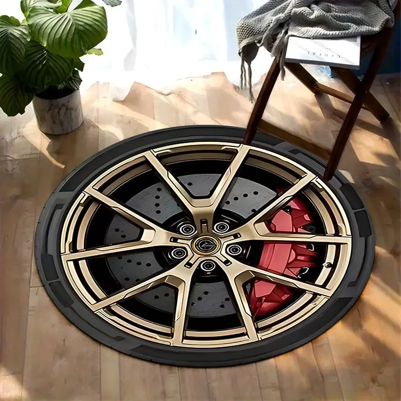 Creative black tire design Flannel-printed round floor mats are slip-resistant Suitable for room bedroom terrace garden carpets