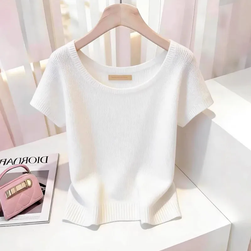 

New Summer Short Sleeve Knitted Sweater Women Pullovers Slim O-Neck White Knit Sweater Pullover Women Tops Sueter Feminino Q3775