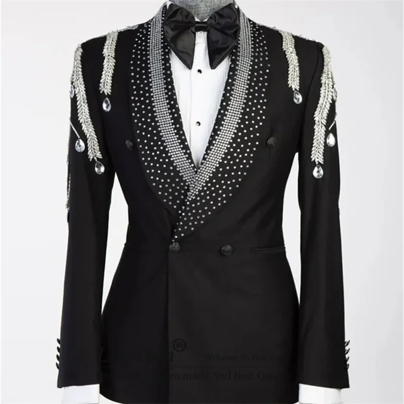 

Fashion Beadings Wedding Groom Beadings Men Suits 2 Pieces Blazer Pants Diamonds One Button Formal Work Wear Plus Size Tailored