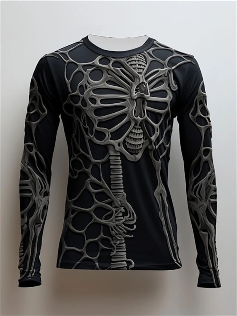 3D Print Skeleton Skulls Pattern T Shirts Men Long Sleeve Casual Fashion T-shirt Top Sweatshirt Breathable Streetwear Loose Tees