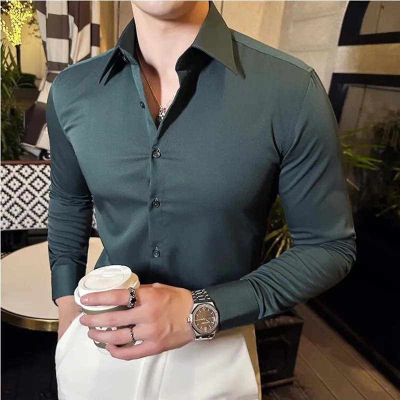 2025年秋新作 ファッション ラペルシャツ メンズ 長袖 無地 カジュアル スリムフィット ビジネスドレスシャツ ソーシャルパーティー メンズ服