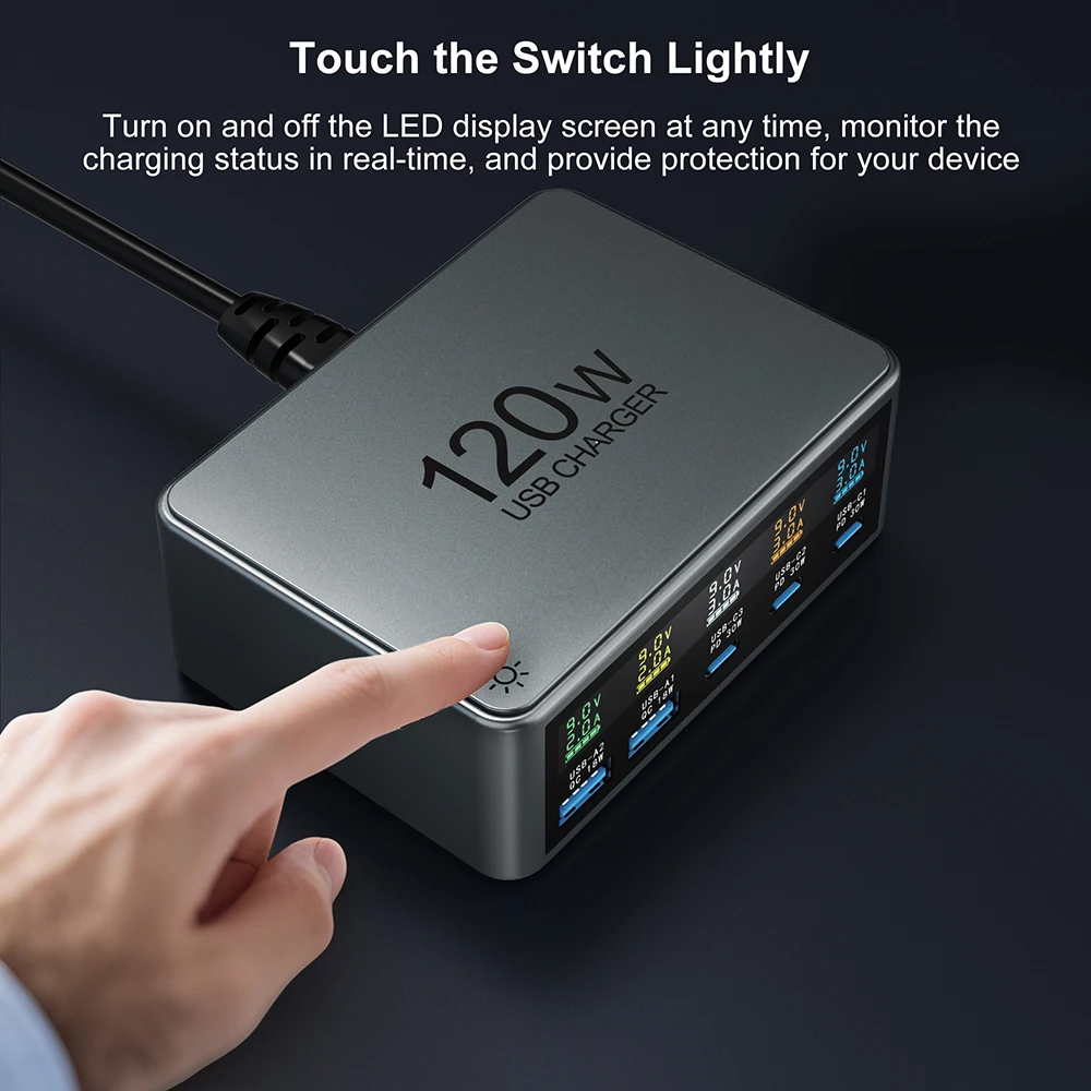 120W Desktop Fast Charging Station PD 30W USB Type C 5-Port Digital Display GaN Charger for iPhone Samsung Xiaomi Phone Tablets - náhled 3