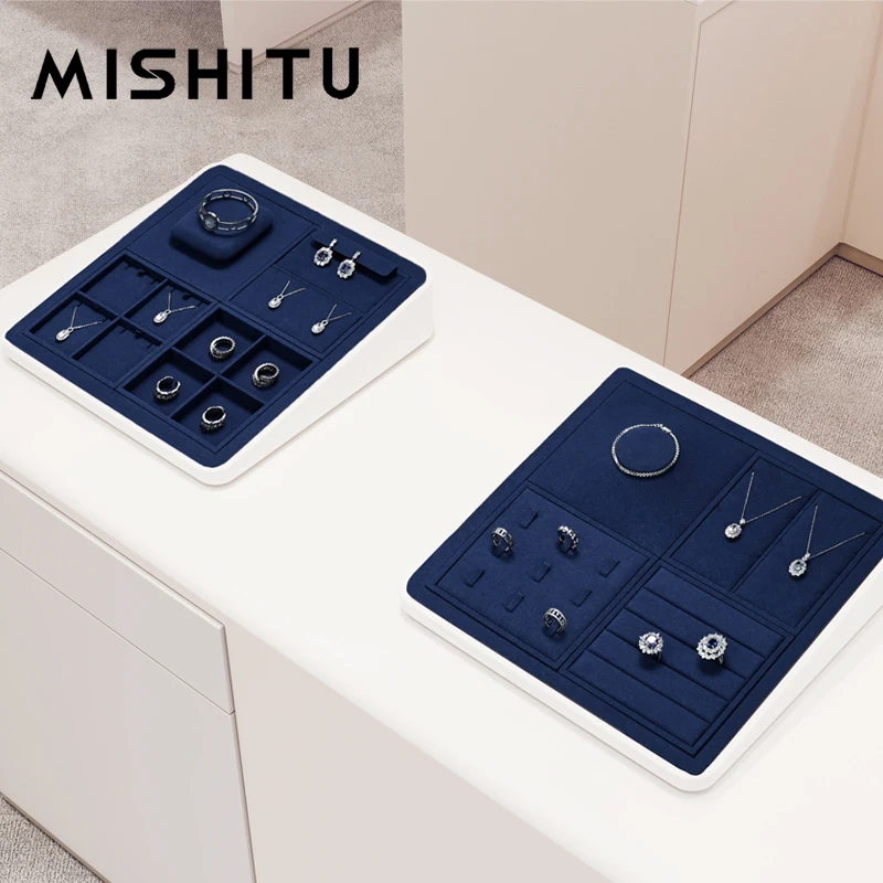 MISHITU Multifunctional Jewelry Storage Tray Blue Microfiber Jewelry Display Props Ring Earrings Necklace Display Tray for Shops