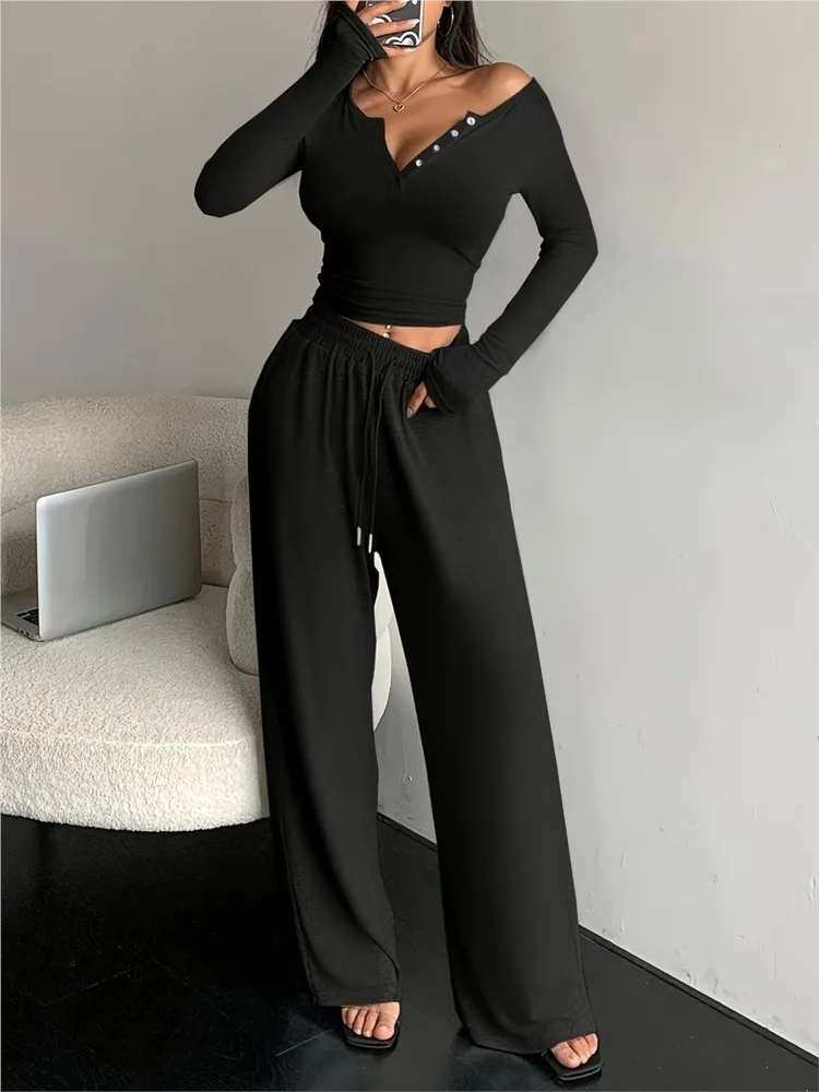 

2024 Autumn New Suit Long-sleeved Tight-fitting Trousers Two-piece Set Women's Fashionable And Casual Solid Color V-neck Top Set