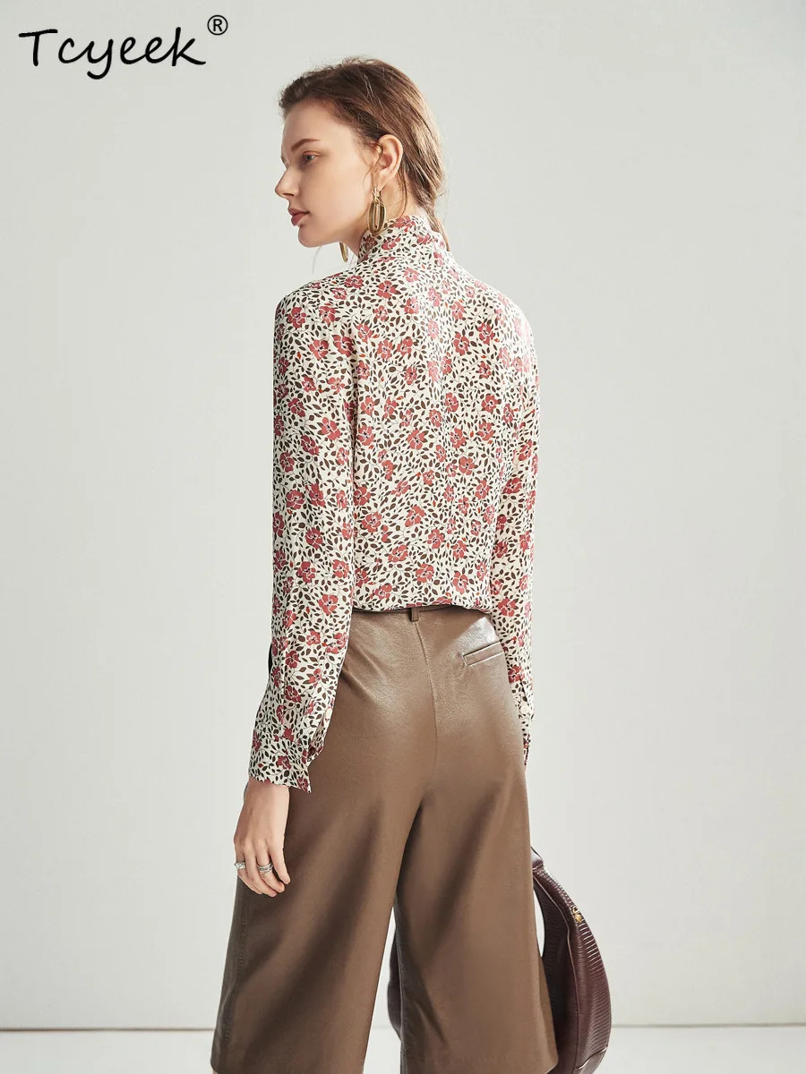Tcyeek, 6A Elegancka koszula z prawdziwego jedwabiu, damska bluzka z długim rękawem, sznurowana, kwiatowa, francuska bluzka do pracy, lato jesień 2024 T47969QC