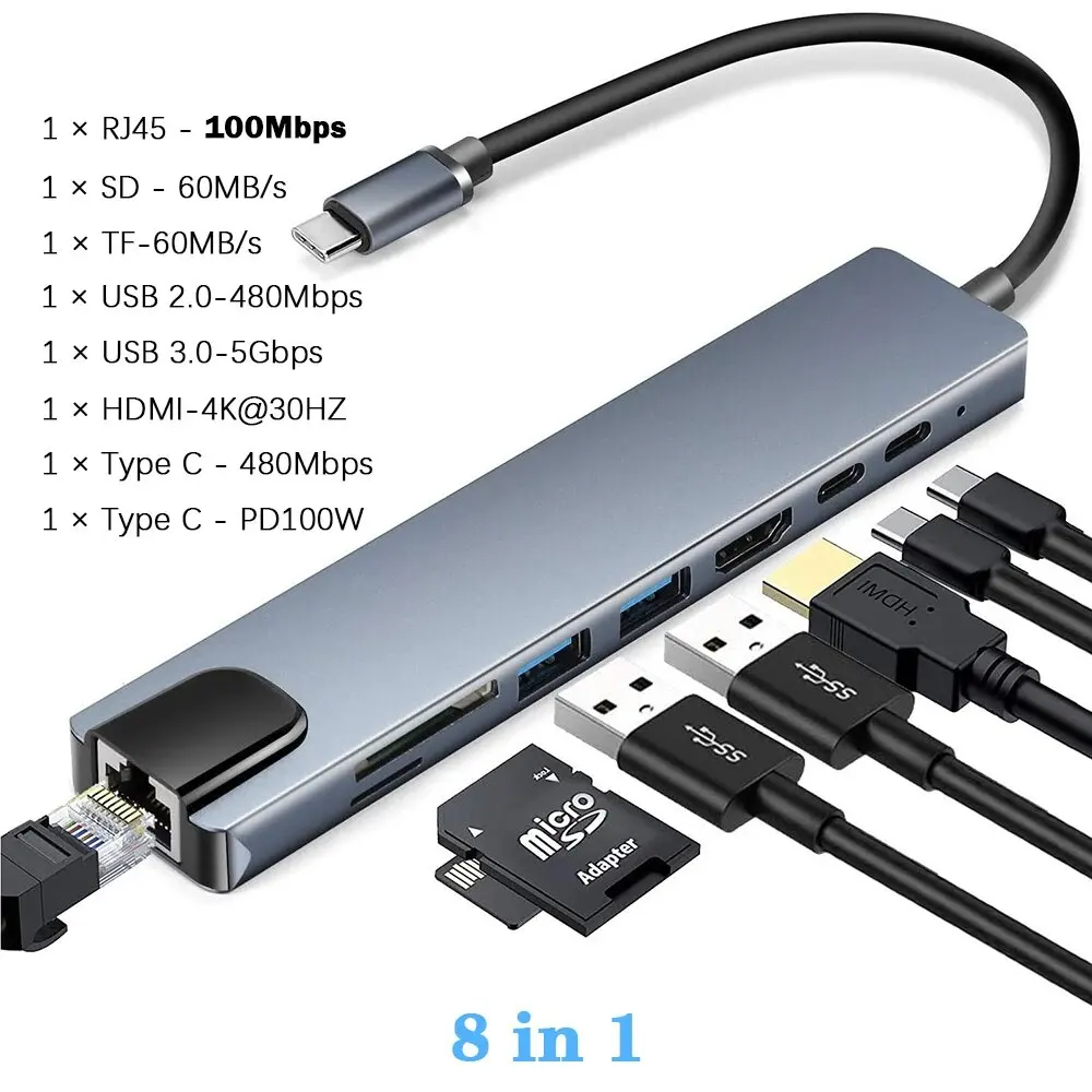 Hub USB C 8 em 1, 5 em 1, 11 em 1 Tipo C 3.1 com Adaptador HDMI 4K, RJ45, Leitor de Cartão SD/TF e Carregamento Rápido PD para MacBook, Notebook e Laptop