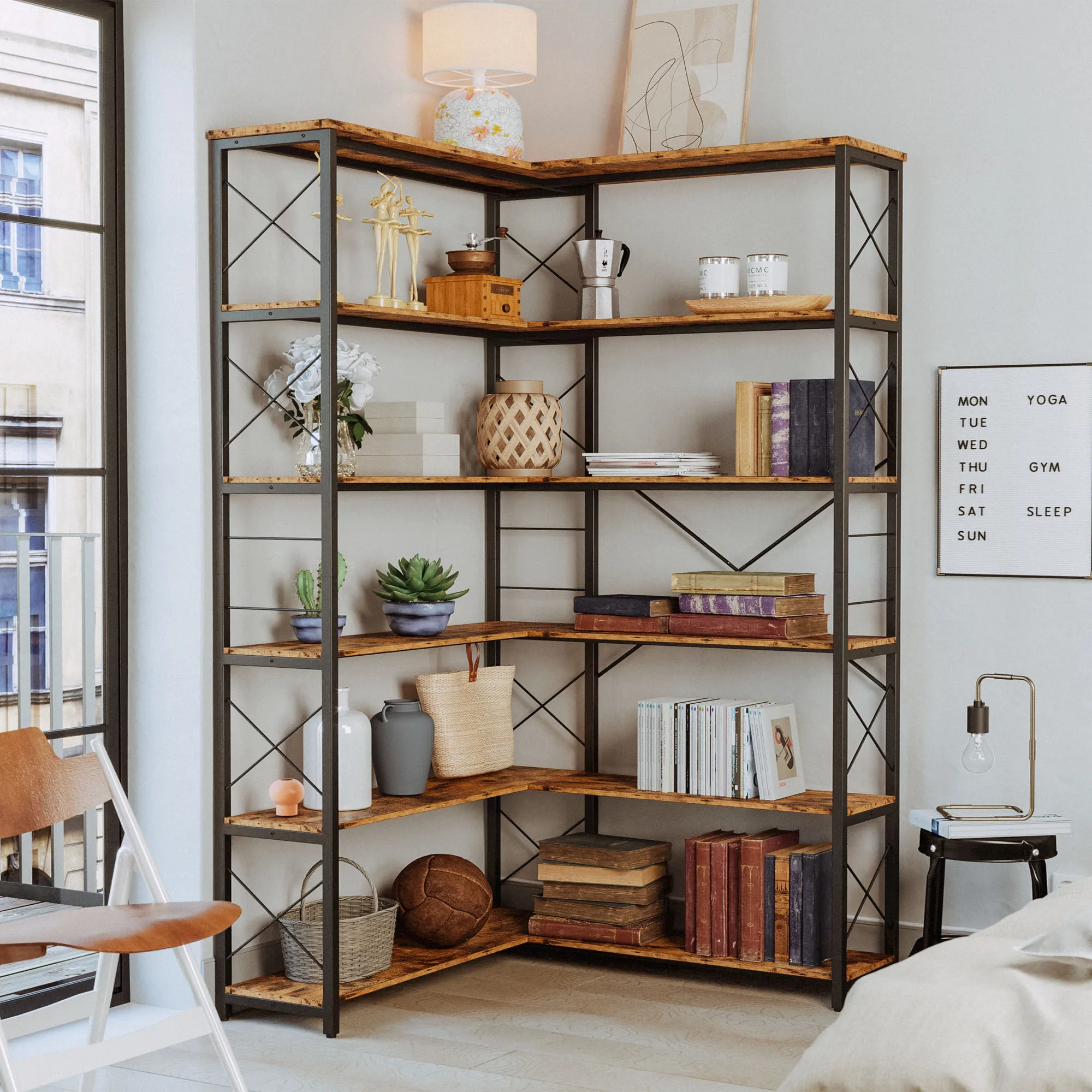 IRONCK 6-Shelf Corner Bookcase, Vintage Industrial Corner Bookshelf Etagere Bookcase, 6 Tier Corner Shelf Storage Rack with Meta