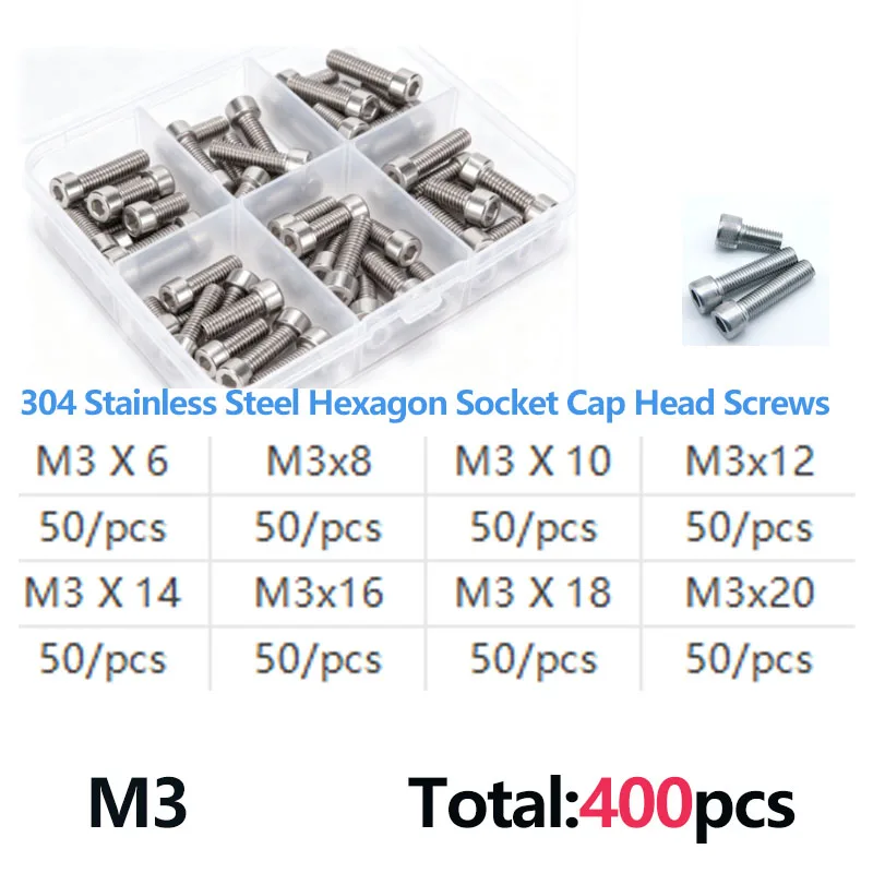 M2  M3 M4 M5 M6 M8 M10 Hexagon Socket Cap Head Machine Screws Kit, 304 Stainless Steel DIN912 Allen Socket Drive Screws
