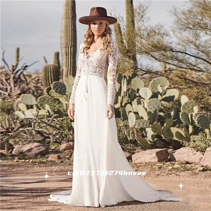 

Bohemian Beach Wedding Dress Lace With Chiffon A-Line Summer Boho Bridal Gowns V-Neck Customized Vestidos De Novia