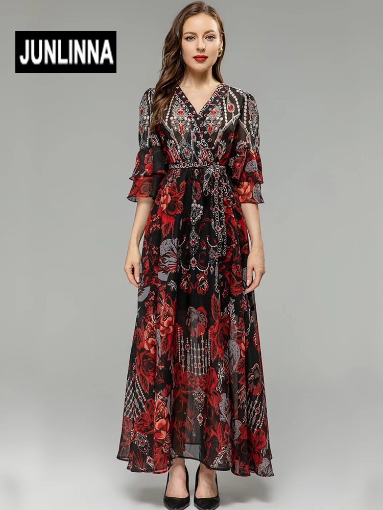 

JUNLINNA Fashion Elegant Long Dresses Summer Women V Neck Half Flare Sleeve Vintage Print Vestidos Belt Sliming Expansion