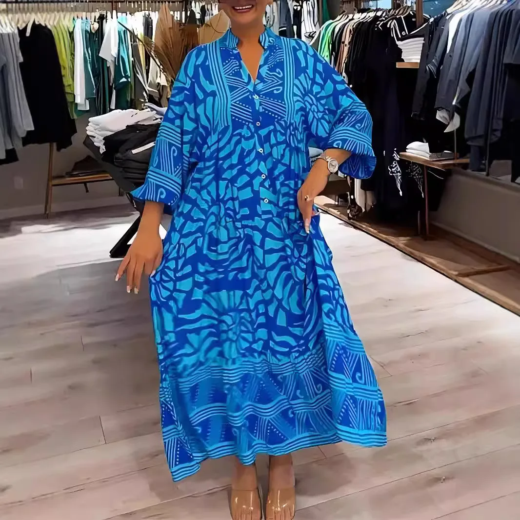 

Loose Casual Print Dress Fashion V-neck Three-quarter Sleeve Single Breasted Large Hem Dress Spring Summer New Women's Clothing