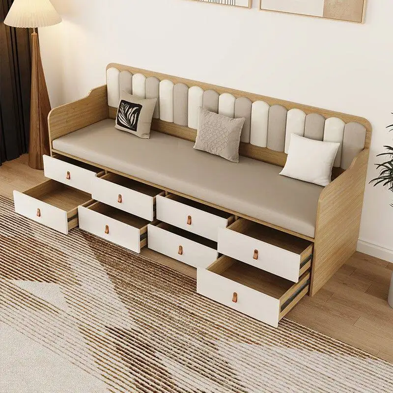 Small apartment solid wood sofa cabinet Arhat bed with drawer simple card seat hard board single sofa living room