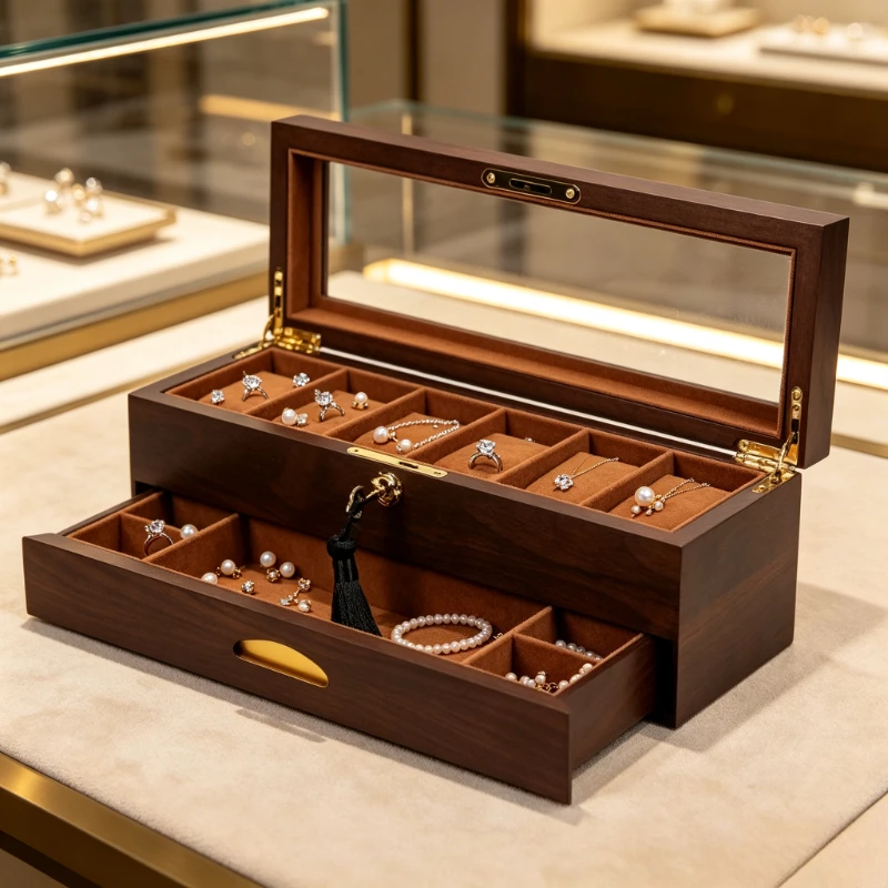 Walnut Grain 6-Slot Watch Case Lockable Drawer Jewelry Organizer Wristwatch Collector Box Premium Display Holder for Trinkets