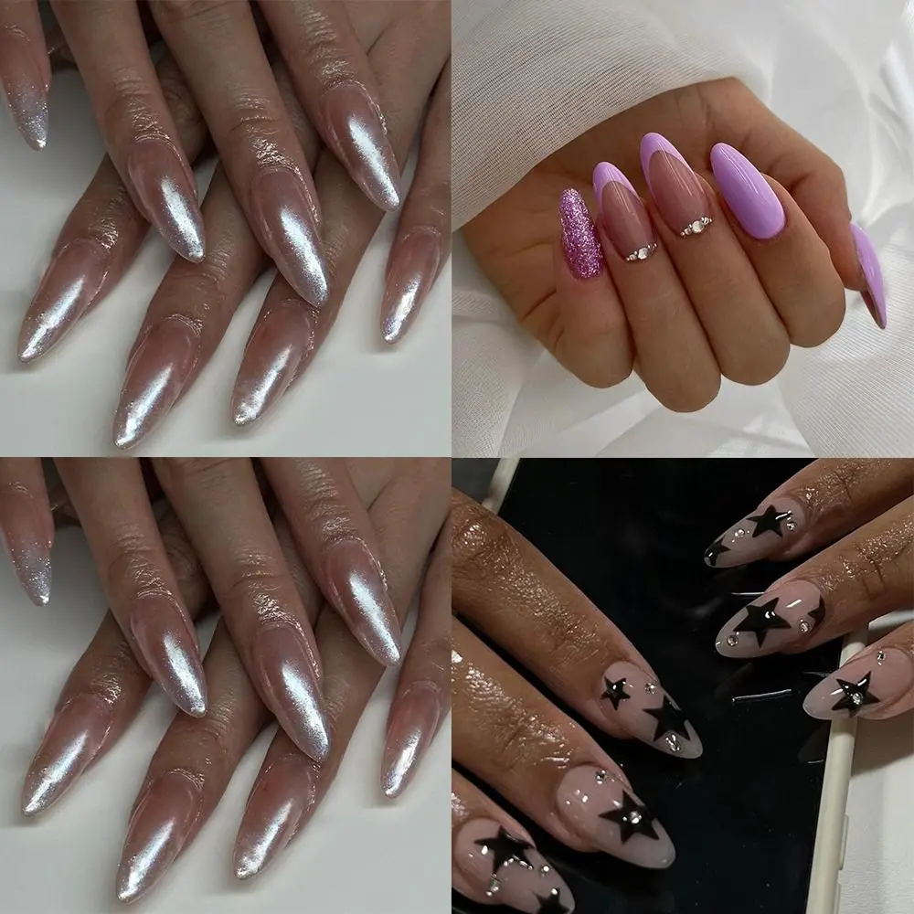 Manicure Long Almond False Nails Star Crystal Fake Nials Detachable French Press on Nails Women