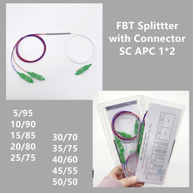 

6pcs Fiber Optic FBT Splitter SC APC 1x2 0.9mm With Connector Unbalanced Coupler 5/95 10/90 20/80 40/60 Optional Split Ratio