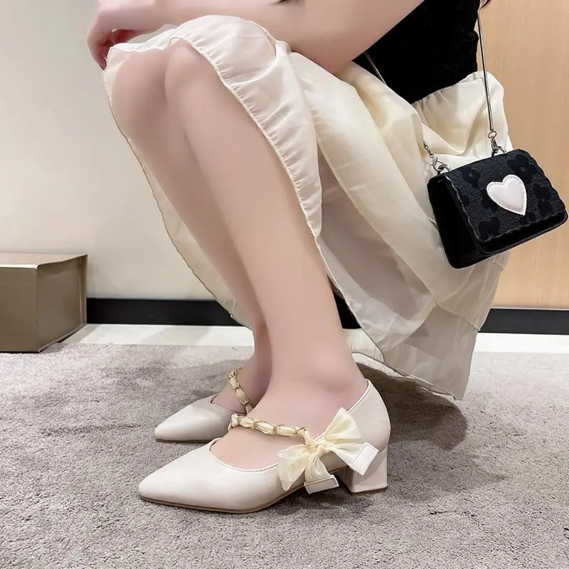 

Sandals Elastic Band High Heels Mary Jane Female Shoes 2024 Women Shallow Mouth Med Slip-on High-heeled Girls New Block Pointed