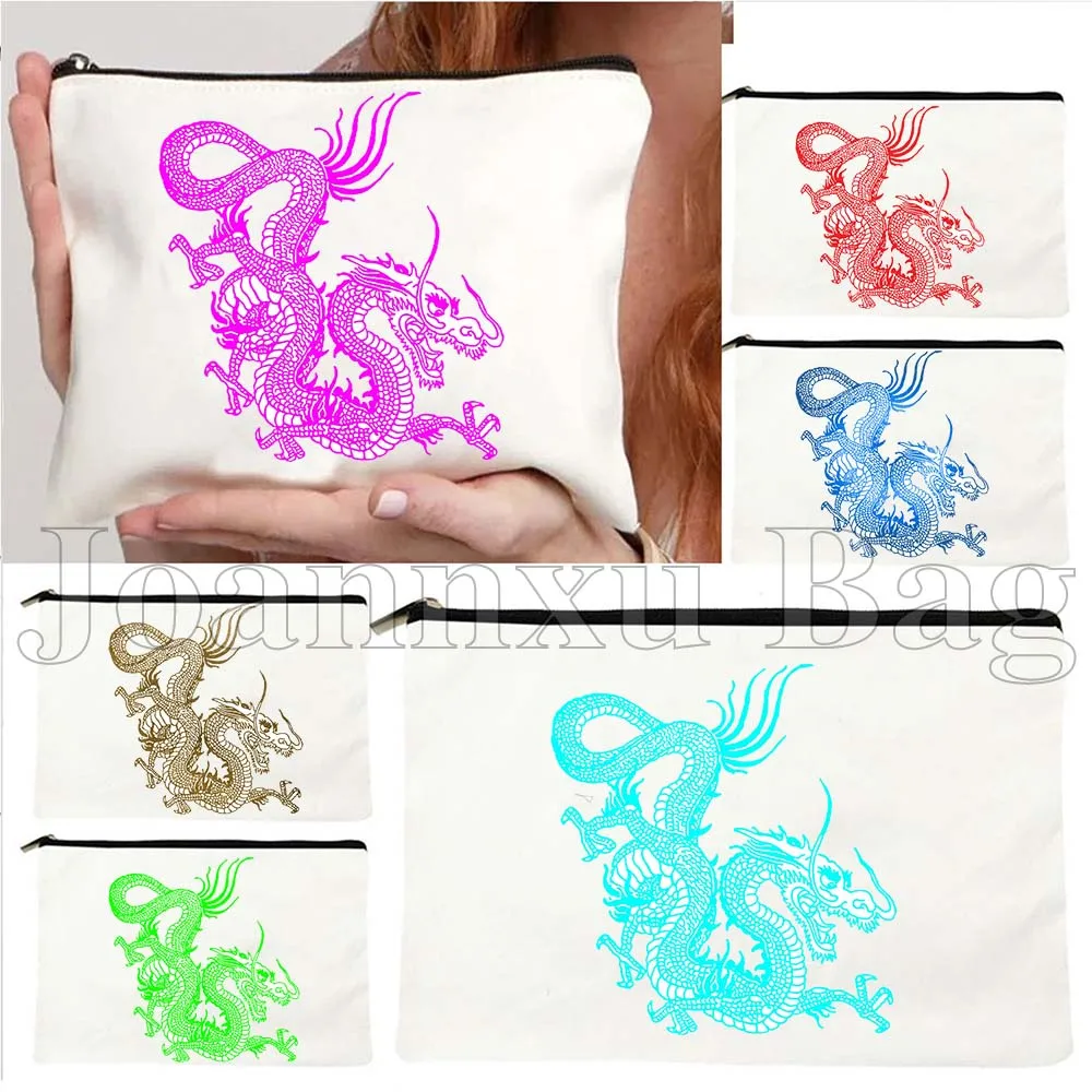 

Gold Fuchsia Turquoise Traditional Chinese Dragon Art Cute Gifts Canvas Cosmetic Storage Makeup Toilet Bag Pencil Case Pouch