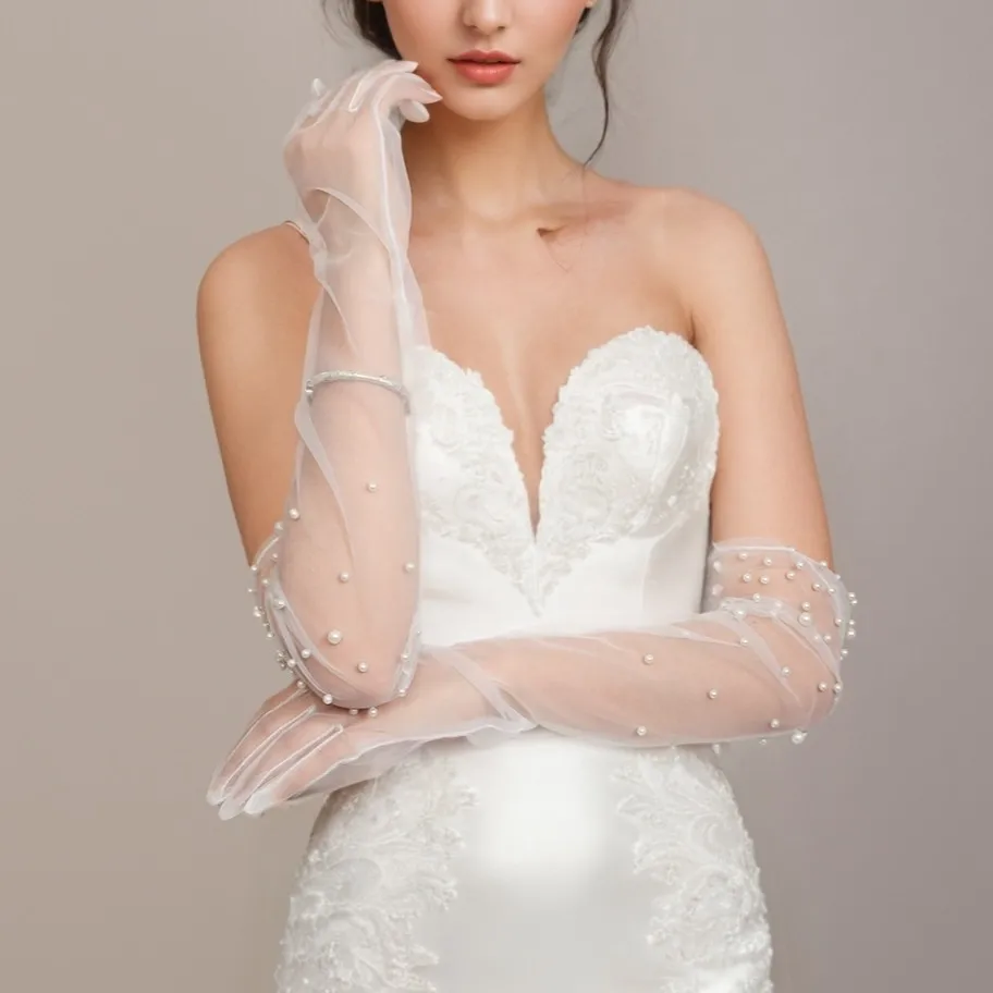 Elegant Full Finger Bridal Gloves with Pearls 55cm Long Tulle Opera Gloves Vintage Wedding Accessories for Women GM06