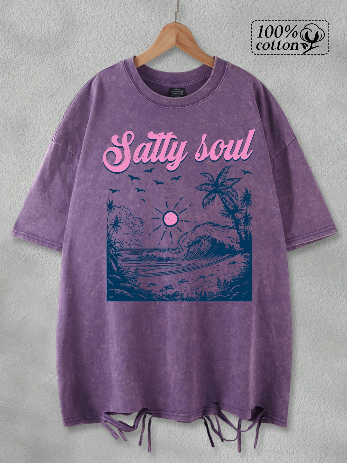 

Salty Soul Waves Beach Coconut Trees Print Men Washed Holes T-Shirts Hip Hop Summer T Shirt Casual Soft Clothes Cotton Loose Top