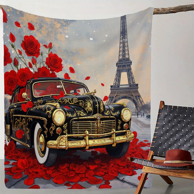 Rose Eiffel Tower Print Blanket Soft Throw Blanket for Boyfriend Girlfriend Wife Office Solid Cover Blanket Valentine's Day
