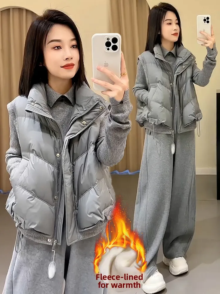 

Women's Fce Lined Thiened Warm Winter Outfit High Waist Wide Leg Pants Tee Piece Set Windproof down Cotton Jaet