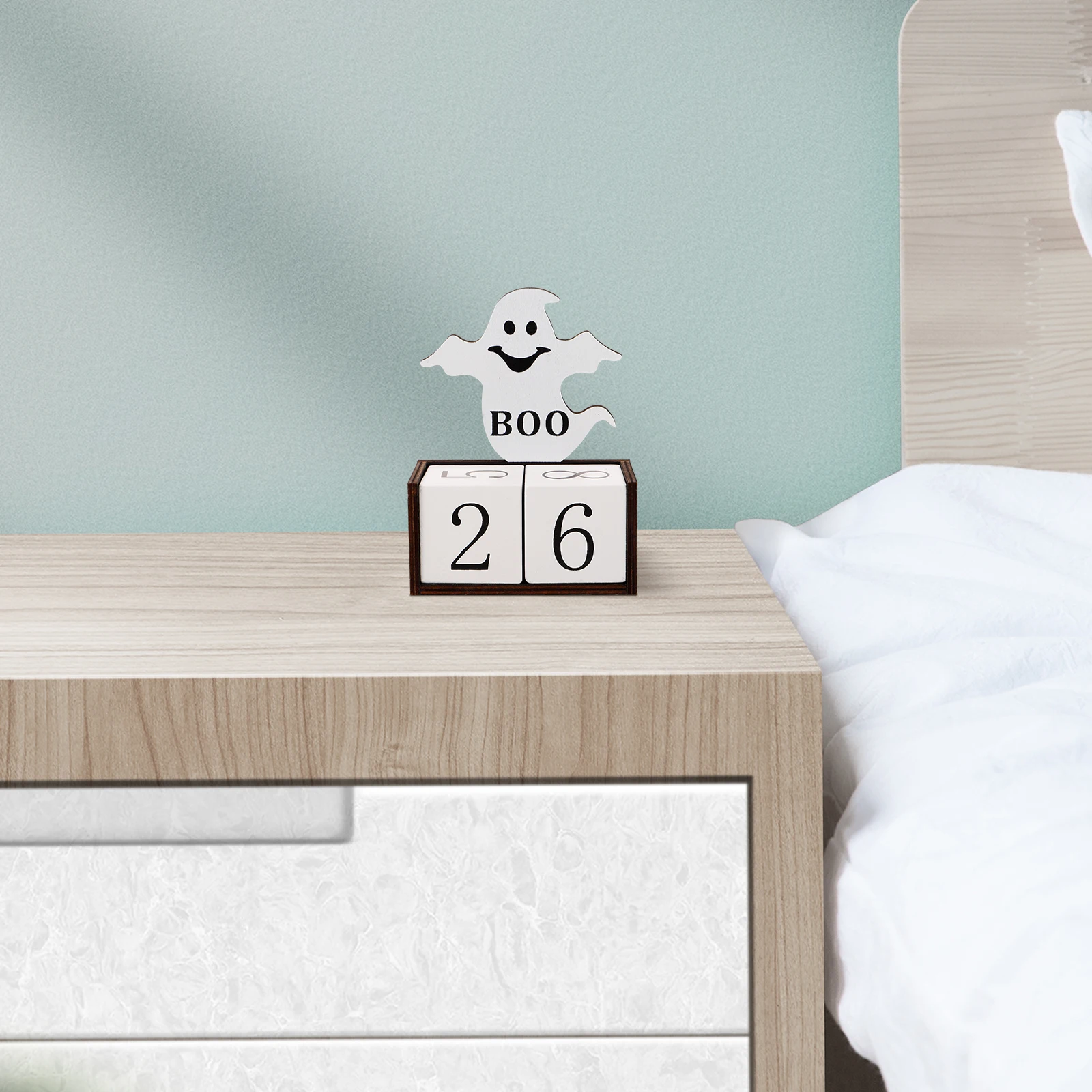 

Wooden Halloween Desk Calendar Decorative Rustic Style Manual Turning Perpetual Calendar for Office Home Study