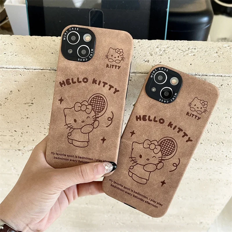 Sanrio Hello Kitty Tennis Athletes leather Phone Case For iPhone 16 15 14 13 Pro Max Case Cute luxury Cartoon shockproof Cover