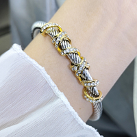 Cable Cuff Bracelet, Stainless Steel Adjustable with Rhinestone Bracelet for Women, Girls, Teenagers, Gift Ideas