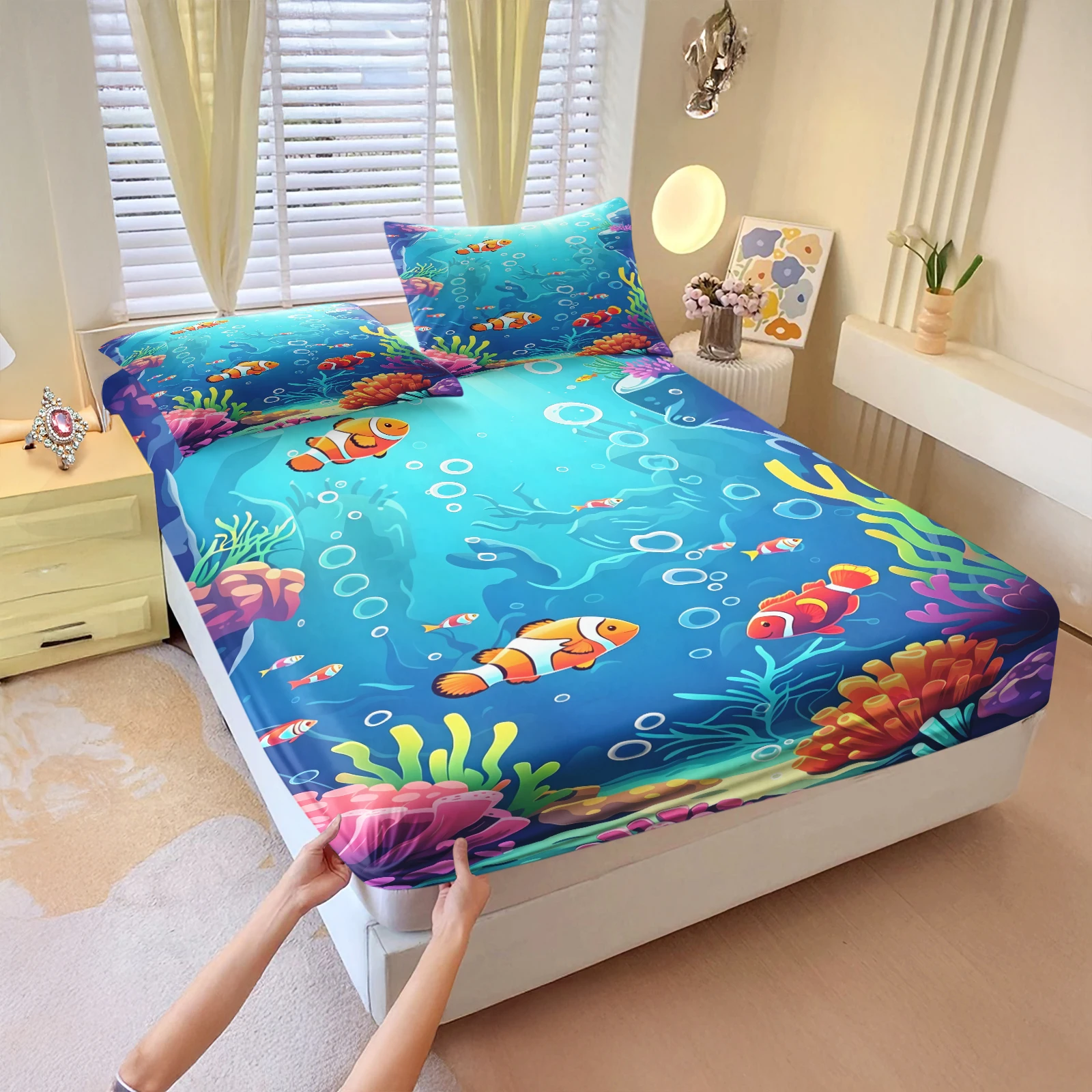 Ocean Clownfish Fitted Sheet Set Elastic Deep Pocket Bed Sheet with Pillowcases Soft Breathable Ocean Marine Themed Bedding Set