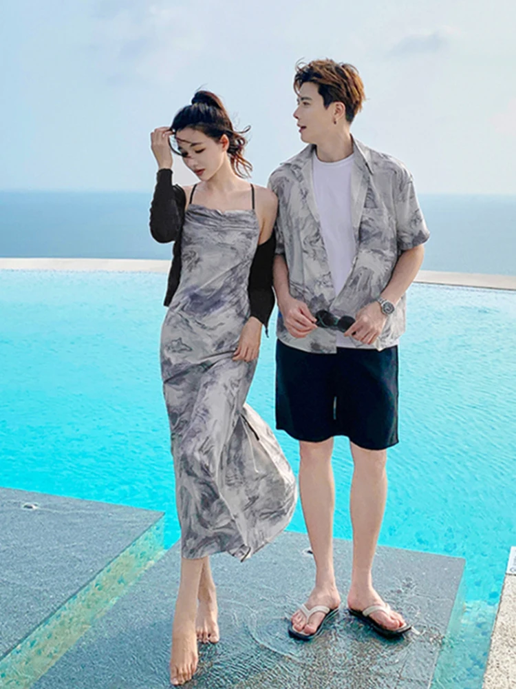 Beach Vacation Couple Outfit 2026 New Watercolor Short Sleeve Shirt Dress Trendy One Skirt One Top Breathable Summer Clothing