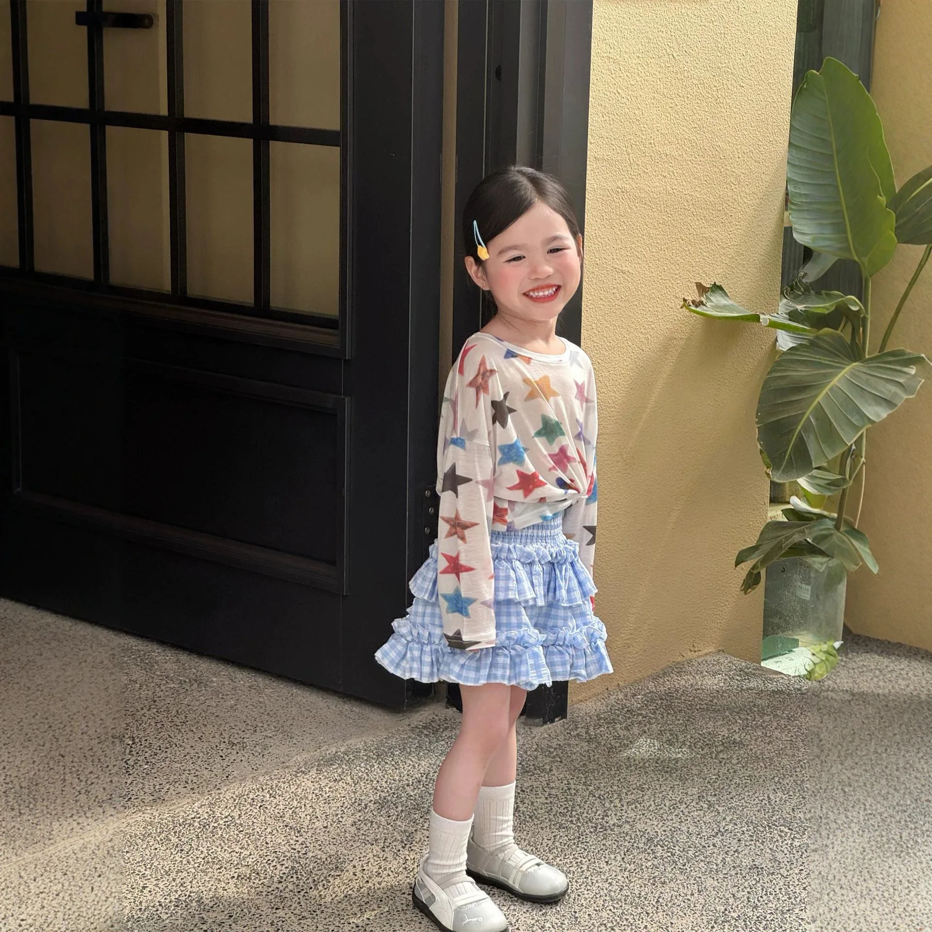 Girls Summer Dopamine Colored Star Outdoor Cover Shirt Loose Air-conditioned Clothing Lightweight T-shirt Blue Plaid Skirt Pants
