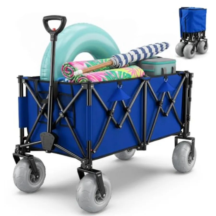 Heavy Duty Beach Wagon for Beach Camping Garden Use, Steel Frame Navy Blue, 9 inch Wide Big Wheels, 59 Extender, 450LBS Capacit
