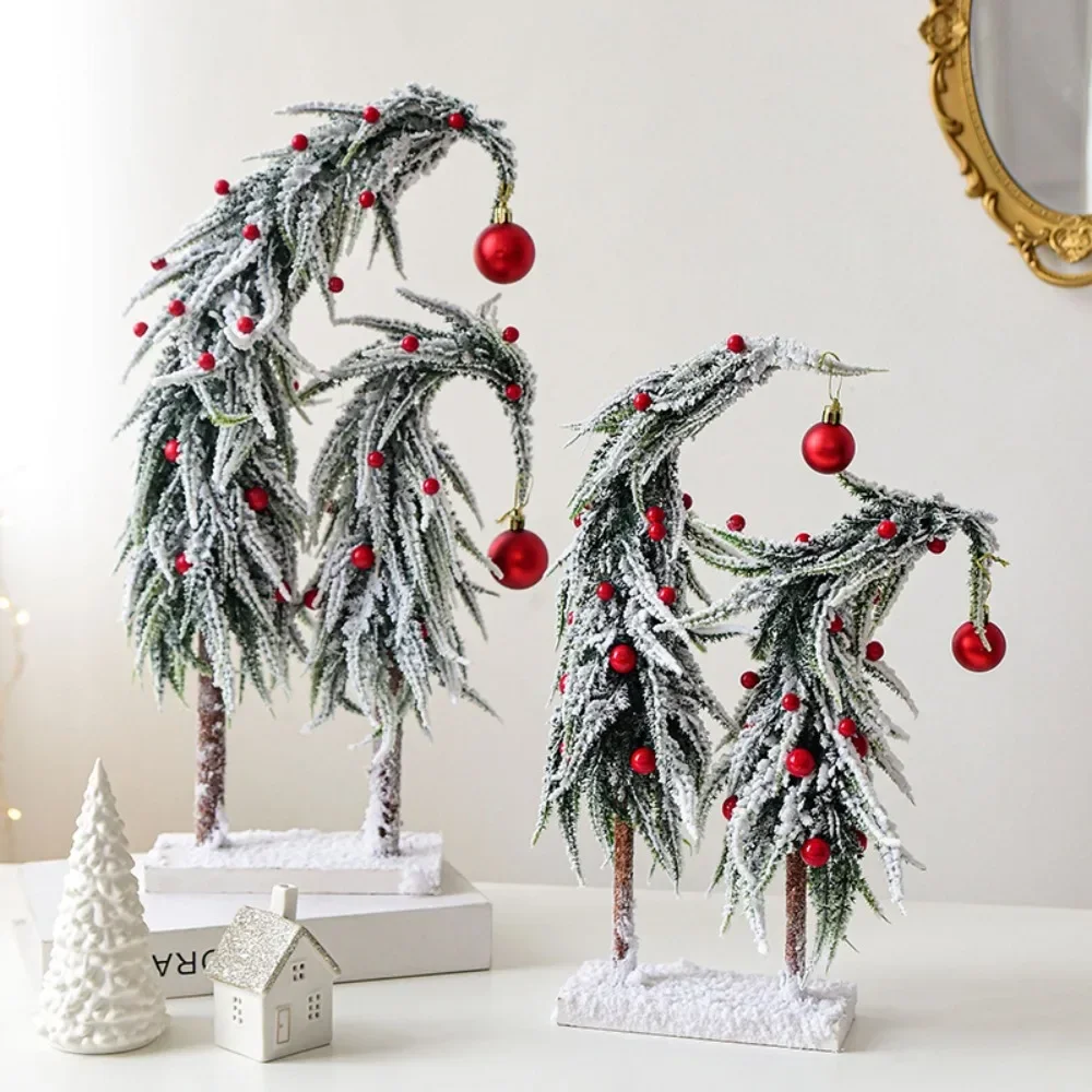 Simulation Flocked Christmas Tree with Ball PE Desktop Double Row Trees Artificial Cedar Tree Winter Holiday Party Decoration