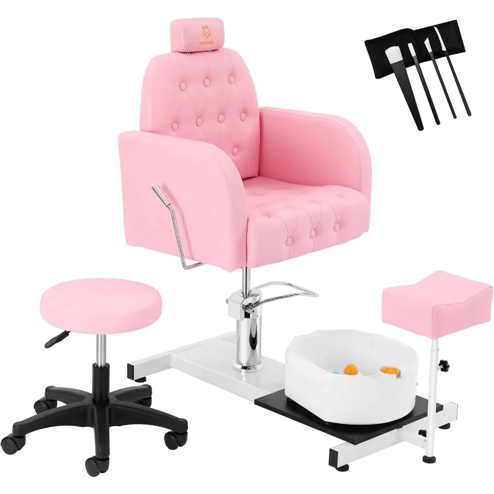 Silla de pedicura reclinable con lavabo para masaje de pies, taburete ajustable hidráulicamente, giratorio de 360 ° para salón de belleza y spa, color rosa