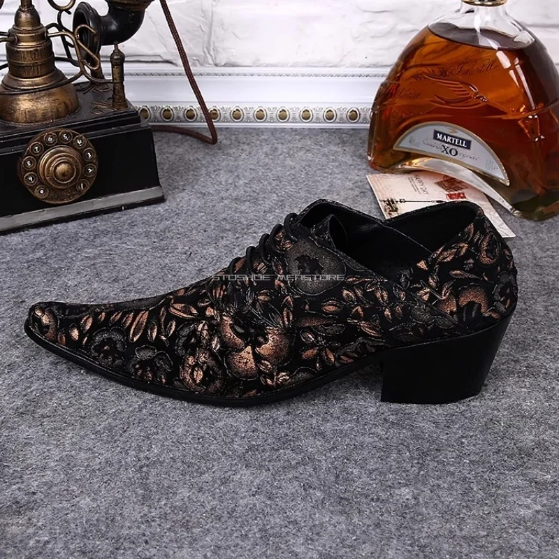 

Vintage Pointed Thick-Soled Men's Shoes Brown Carved Fashionable Trendy Hairdresser Casual Daily T-Stage Leather Rubber Shoes