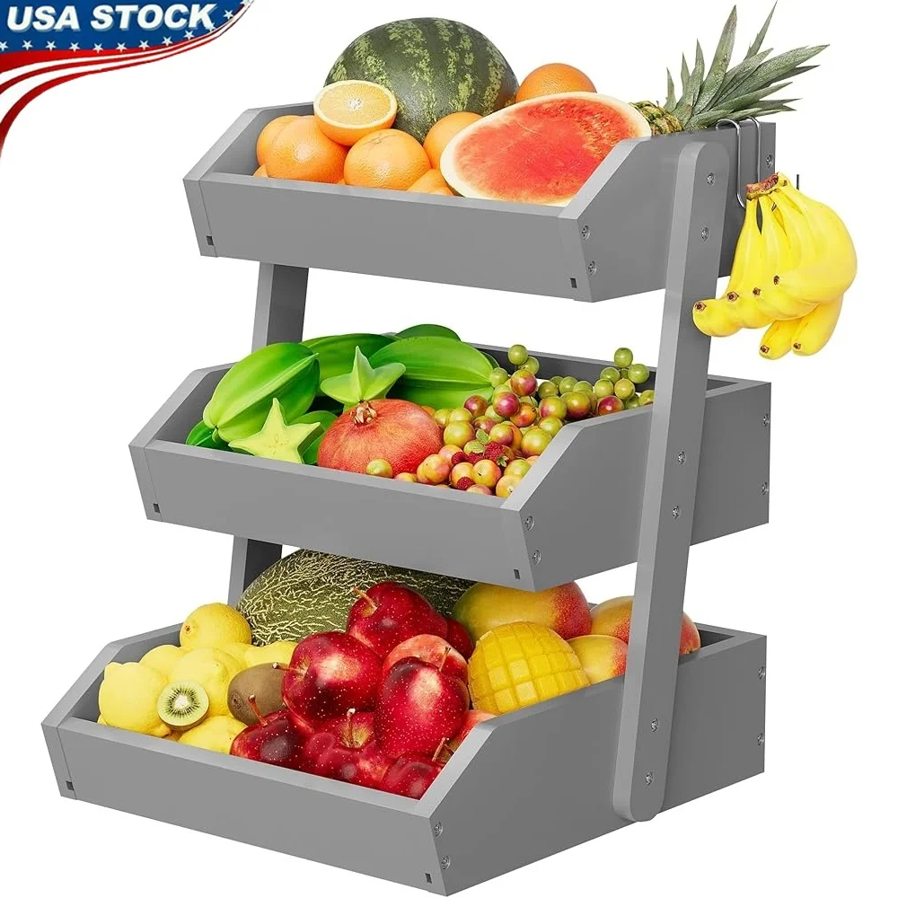 

Bamboo 3 Tier Fruit Basket Large Capacity Countertop Organizer with Banana Hooks Durable Wood Fruits and Vegetables Storage