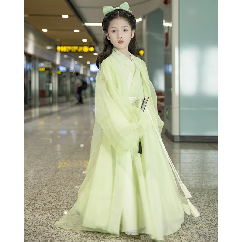 

New style Hanfu girls Chinese-style children's ancient costume cross-collar waist-length wide-sleeved fairy dress Stage costume