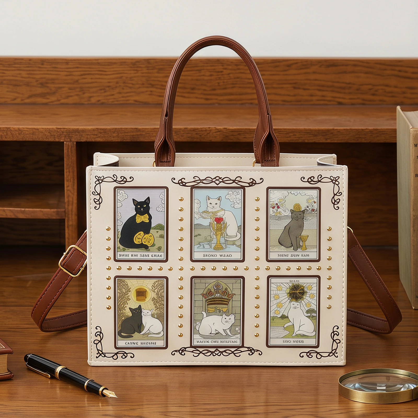 Square Tote Bag for Women with Adjustable Strap Cat Rivet Decoration Bag Cat-themed Zippered Handbag for Commute Dating