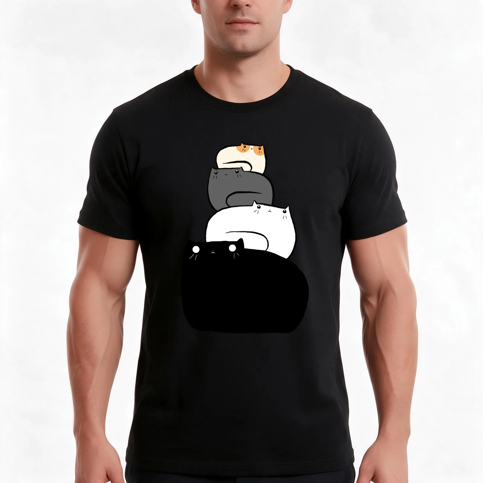 Cat Stack T-Shirt, Summer Casual Cotton Tee, Oversized Streetwear Tops, Vintage Graphic Print, Loose Fit Short Sleeve