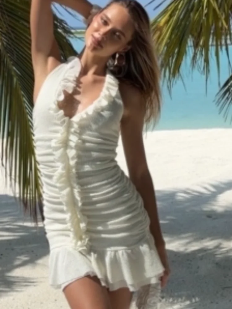 

Women Sexy Ruffle Ruched Mini Dress Solid Sleeveless Halter Neck Bodycon Dresses 2026 Summer New Beach Vacation Party Outfits
