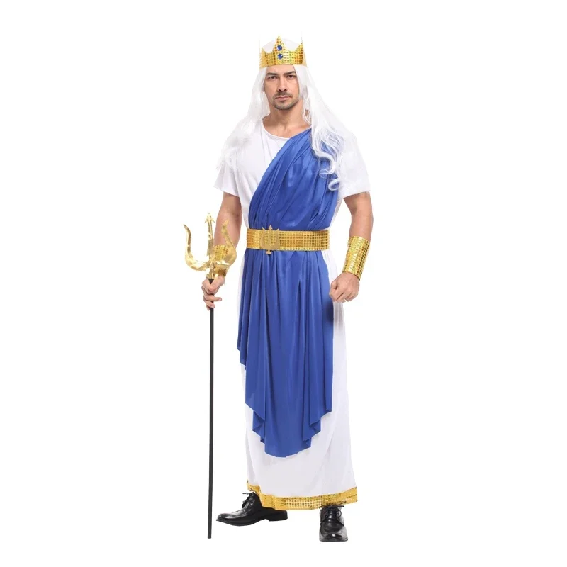 Fantasia Adulto Men Roman Mythology God of Sea King Neptune Poseidon Costumes Halloween Purim Party Carnival Cosplay Outfits