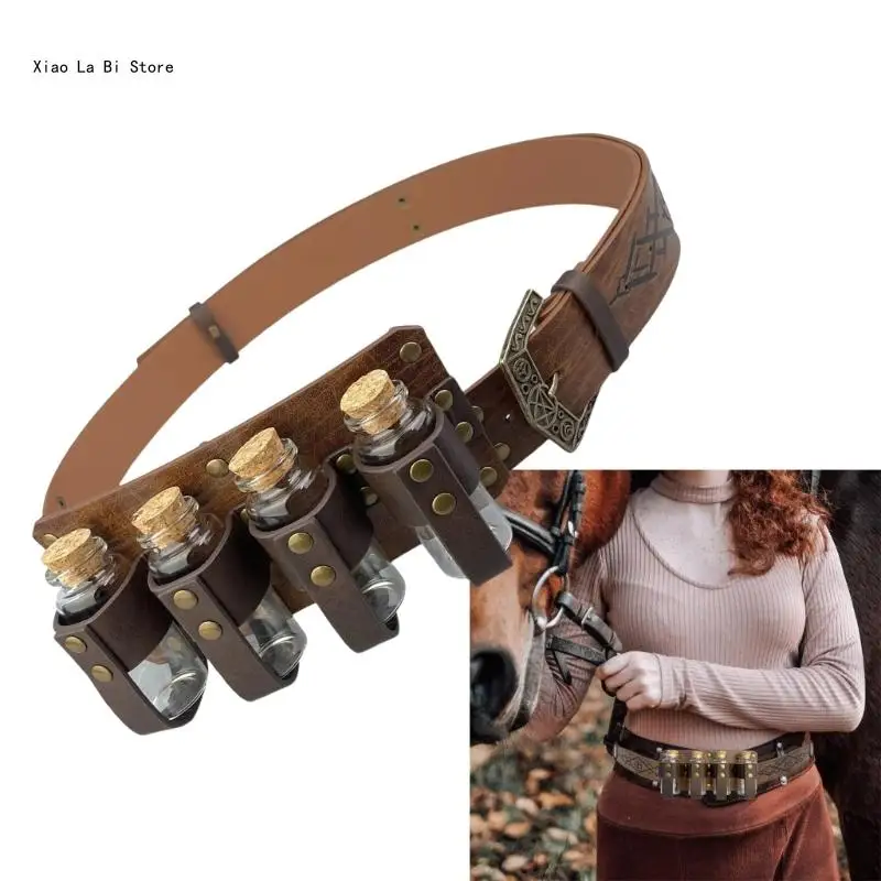 Medieval Alchemist Costume Belt with Four Alchemist Bottles Adjustable PU Leather Waist Belt Halloween Cosplay Accessories